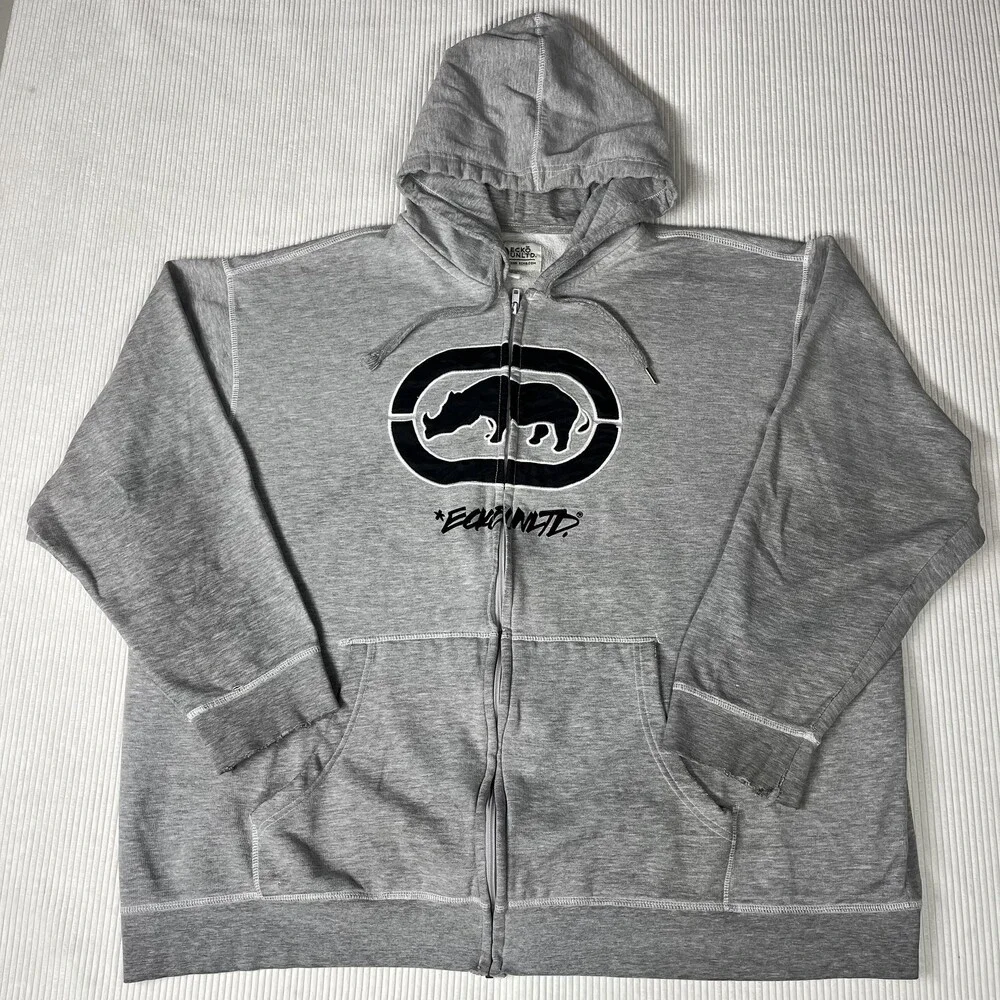 Ecko Unltd Hoodie Mens 4XB Gray Full Zip Fleece Rhino Logo Lined Sweatshirt
